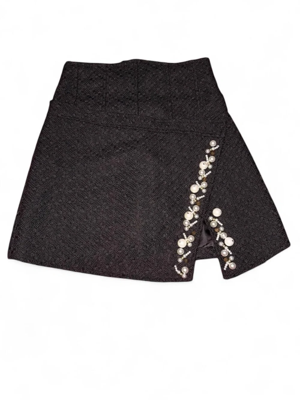 Pearl-Accent Black Midi Skirt with Front Slit